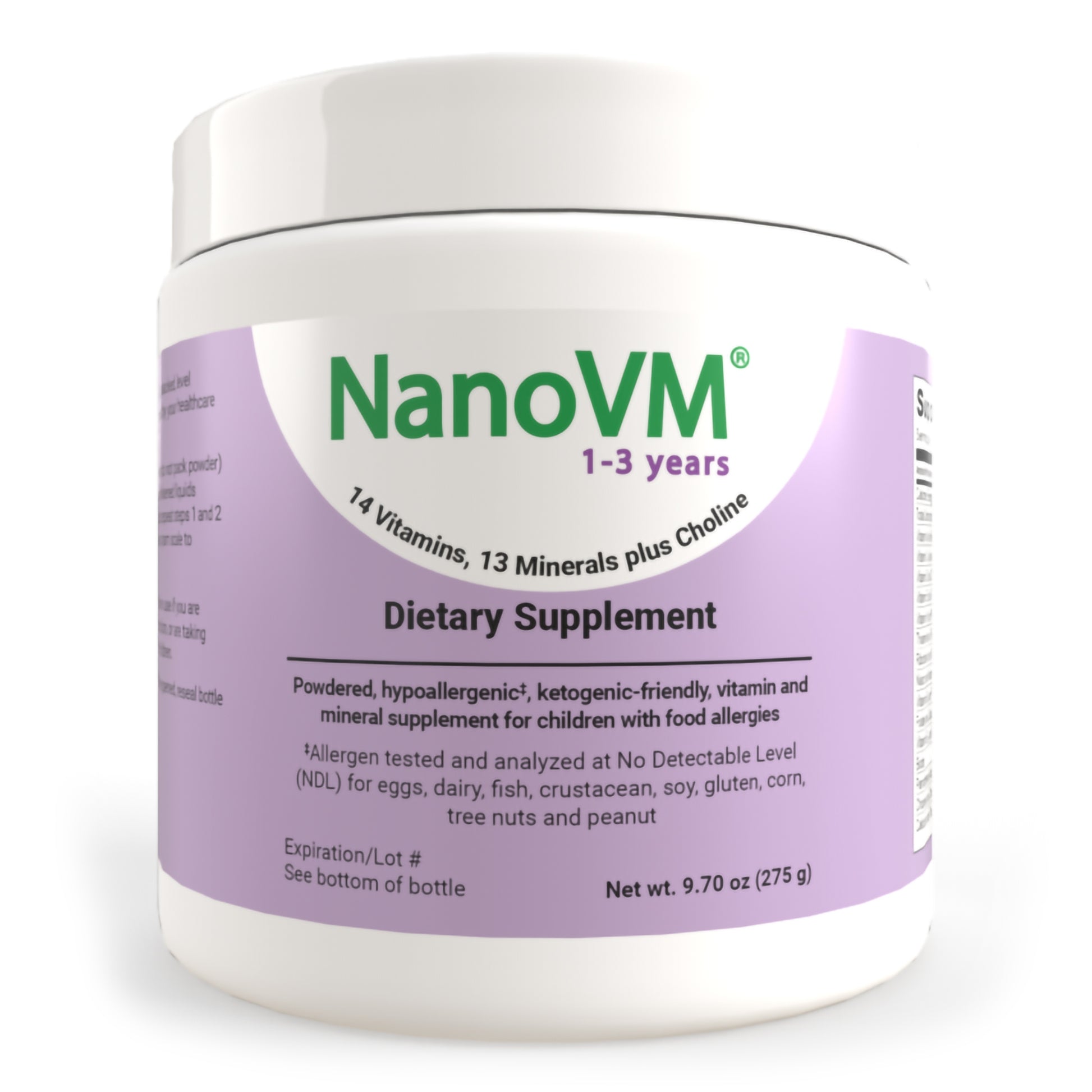 NanoVM dietary supplement container for children on a white background
