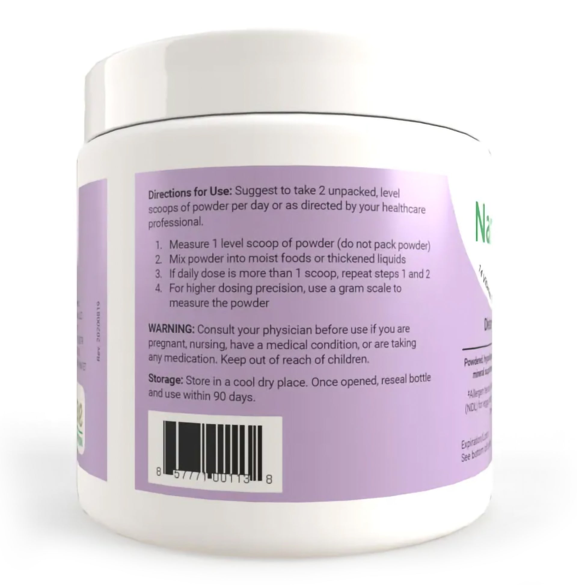 Back label of a supplement container with text and directions on a white background