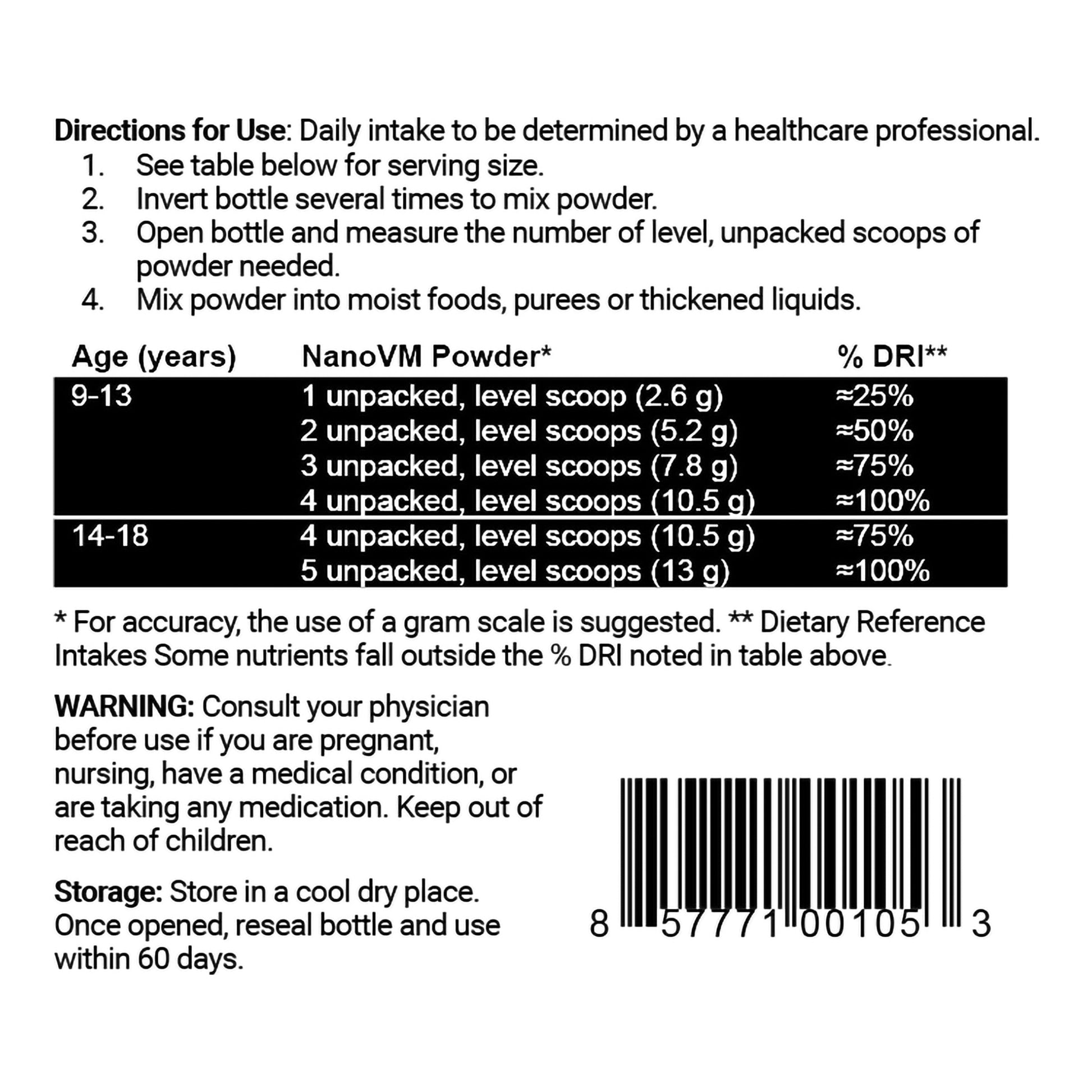 Nanoscale powder packaging with usage instructions and product details.