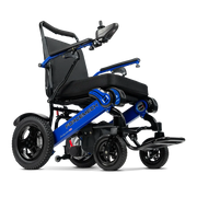 A blue and black PowerMech electric wheelchair shown from a three-quarter side view on a clean white background.