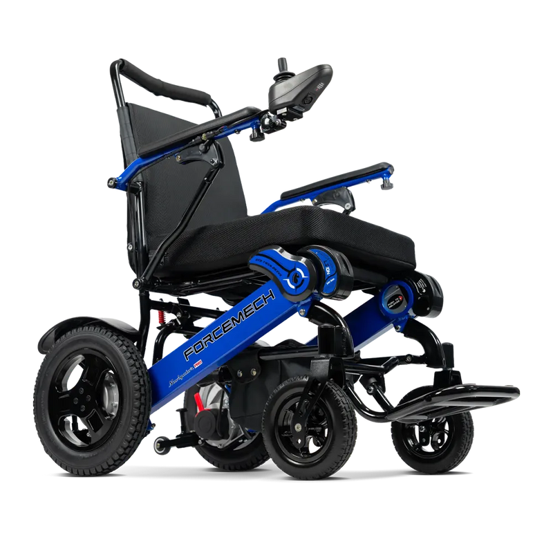 A blue and black PowerMech electric wheelchair shown from a three-quarter side view on a clean white background.