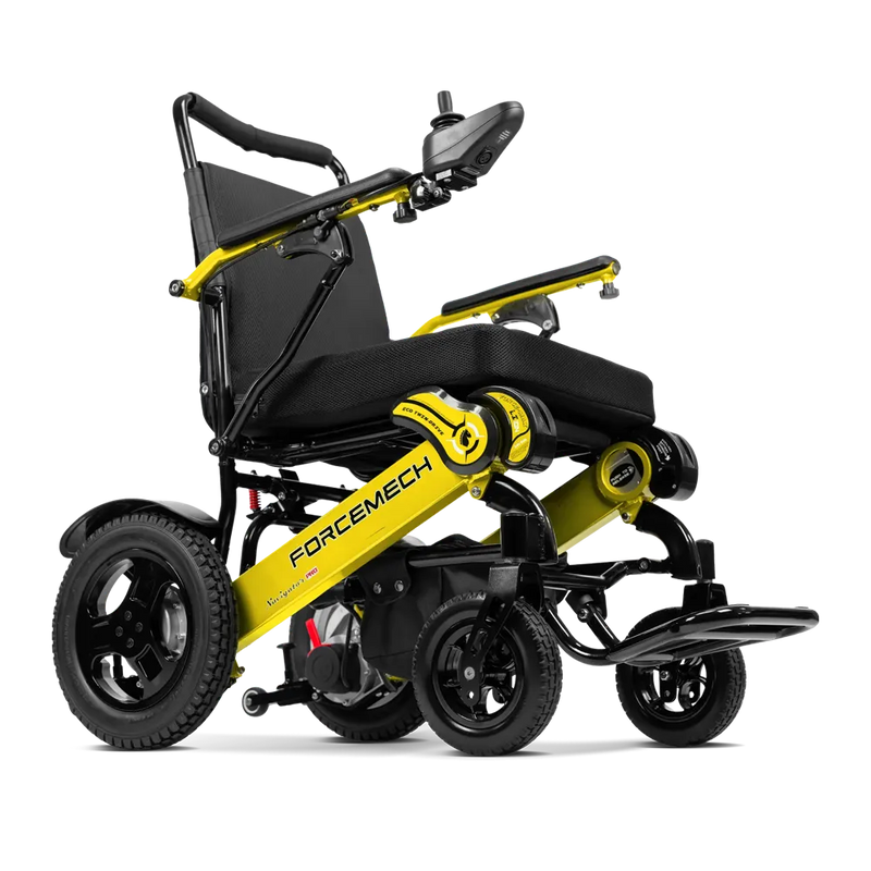 A yellow and black electric wheelchair shown from a three-quarter angle on a clean white background. The brand name 'FORCEMECH' is clearly printed on the yellow frame.