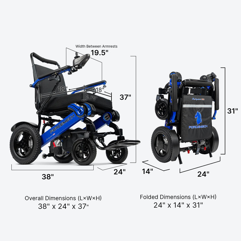 A dimension diagram of a blue and black PowerSect electric wheelchair, showing both unfolded and folded states with labeled measurements including overall dimensions and folded dimensions.