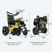 A dimension diagram of a FORGEMACH electric wheelchair, showing both unfolded and folded states with labeled measurements such as overall dimensions and folded dimensions on a light gray background.