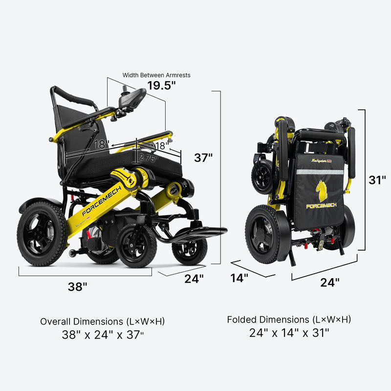 A dimension diagram of a FORGEMACH electric wheelchair, showing both unfolded and folded states with labeled measurements such as overall dimensions and folded dimensions on a light gray background.