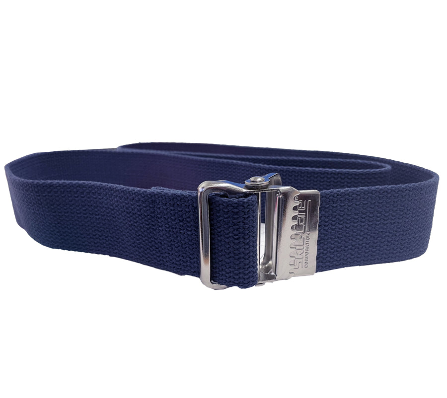 Navy blue gait belt with a silver buckle on a white background