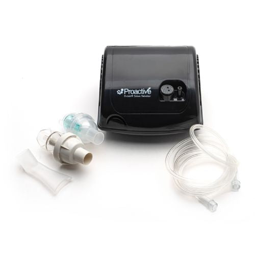 Proactive portable oxygen concentrator with accessories on a white background