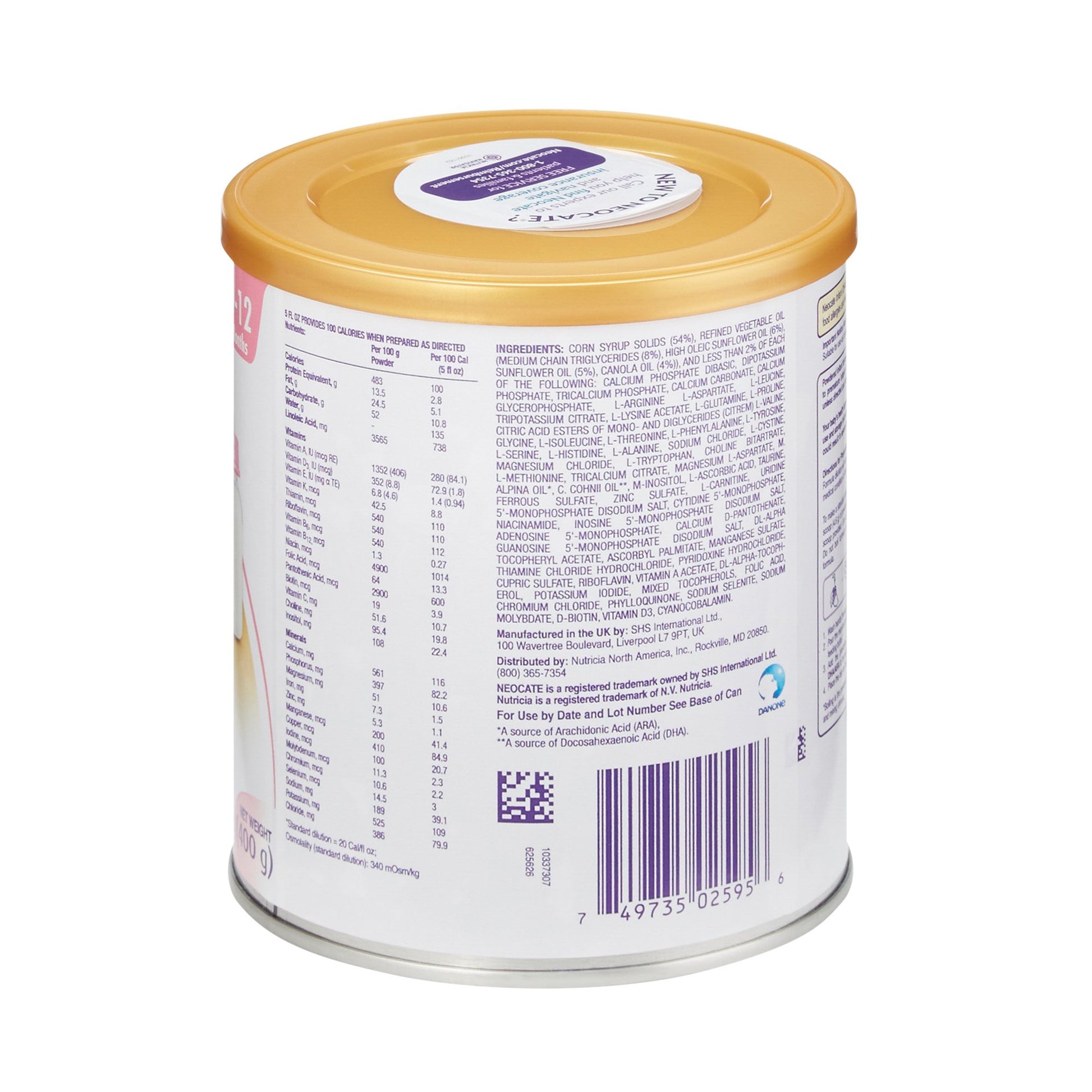 Back view of a baby formula can with gold lid and white label on a white background
