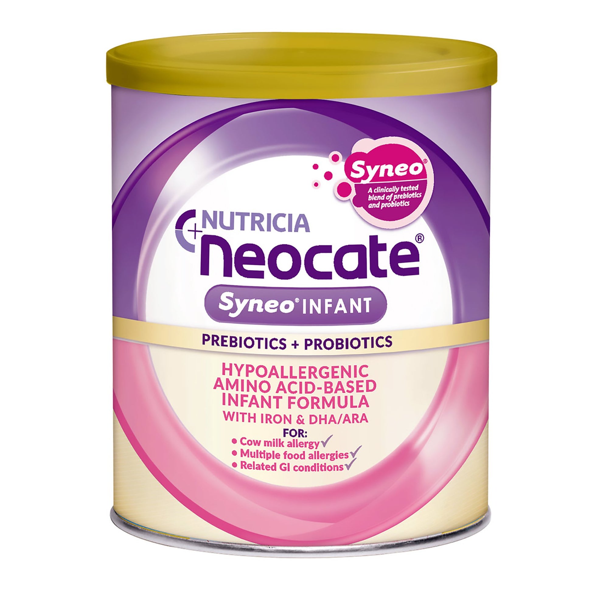 Neocate Syneo Infant formula can with purple and yellow label