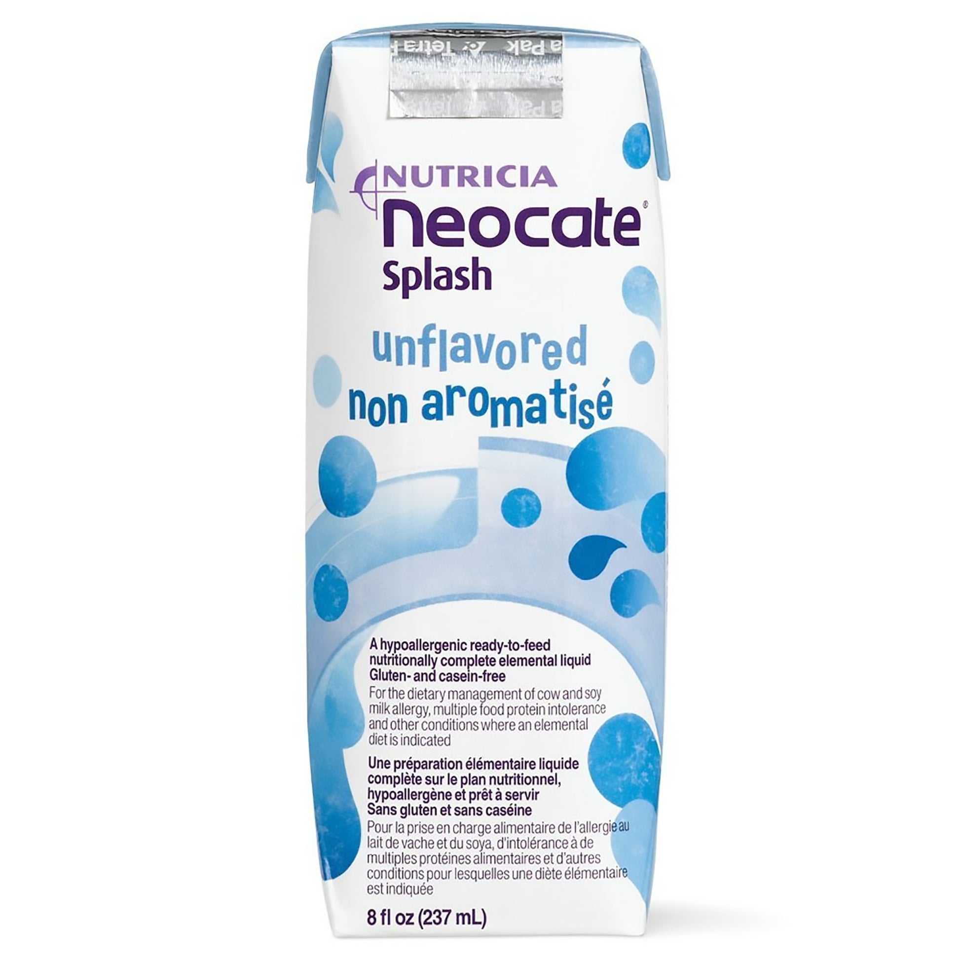 Neocate Splash unflavored liquid packaging on a white background