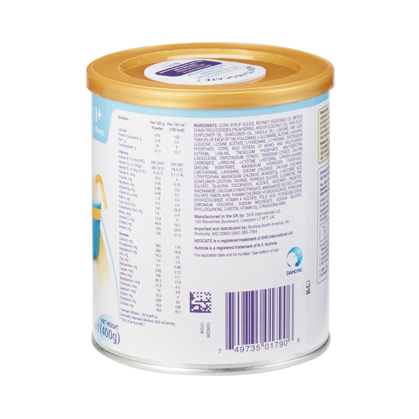 Back view of a baby formula can with gold lid and white label on a white background