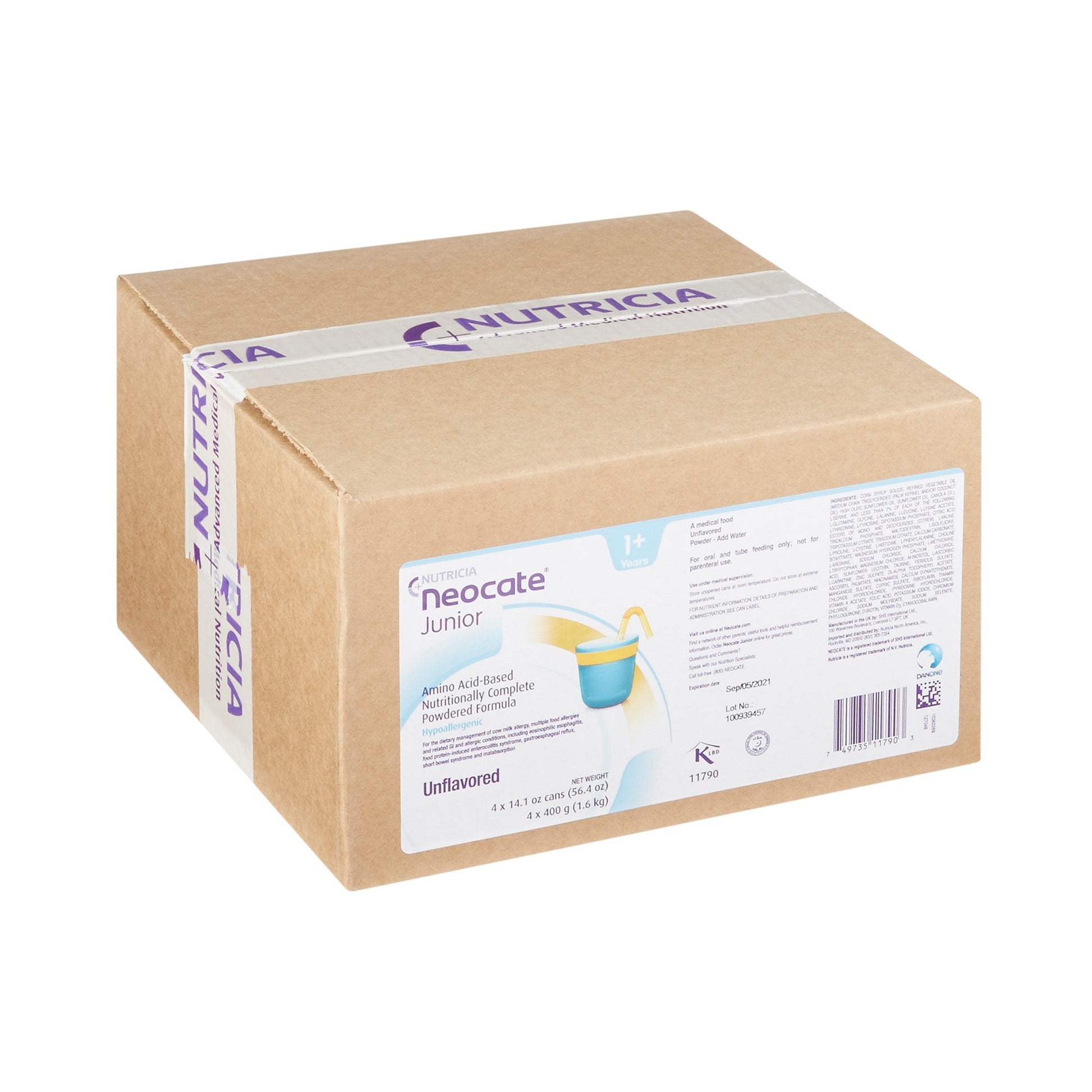 Cardboard box with Nutricia and Neocate Junior labels on a white background