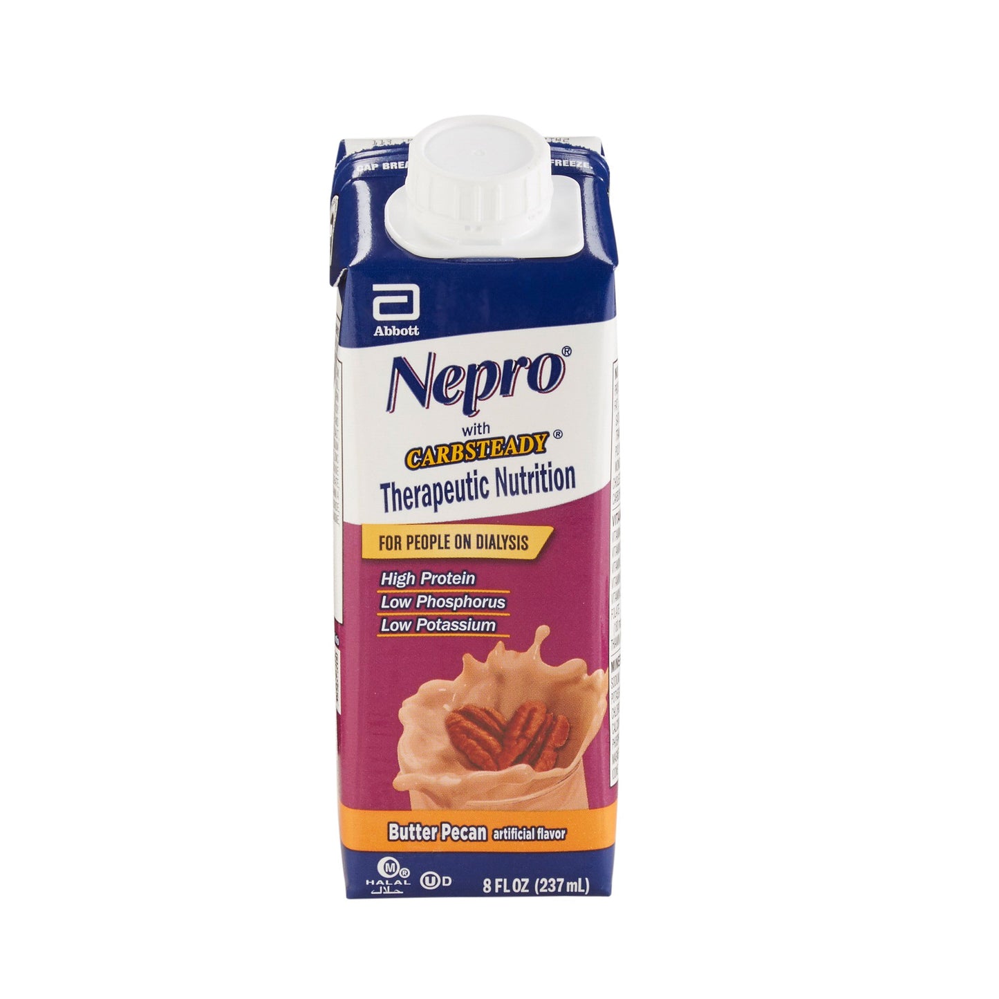 Nepro therapeutic nutrition package with butter pecan flavor on a white background