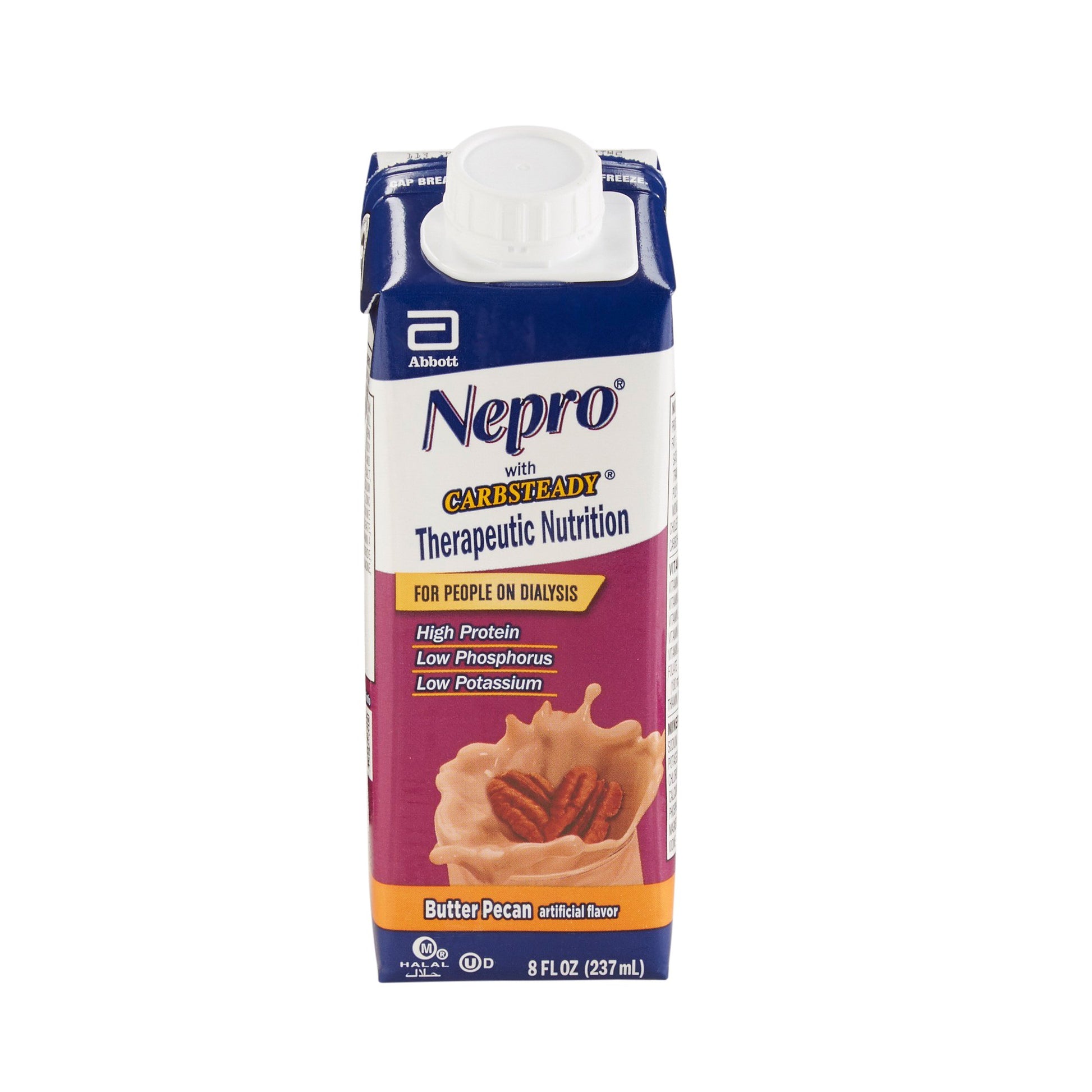 Nepro therapeutic nutrition package with butter pecan flavor on a white background