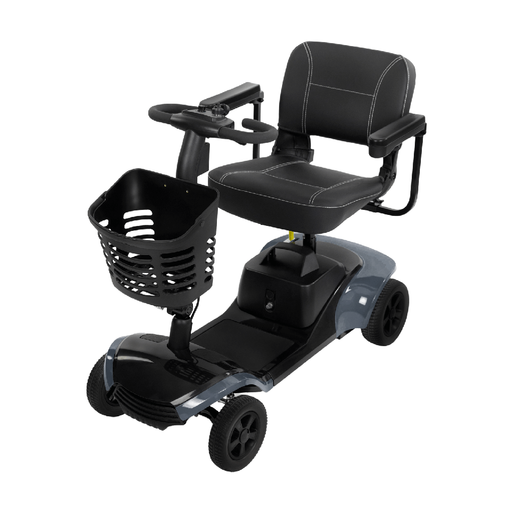 Black mobility scooter with a basket on a transparent background