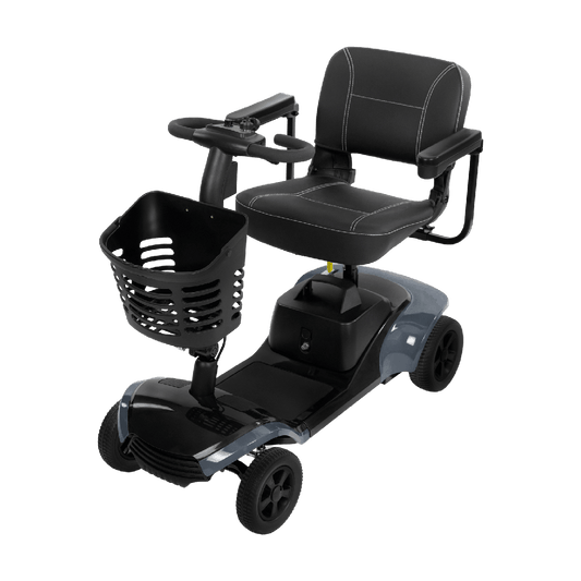 Black mobility scooter with a basket on a transparent background