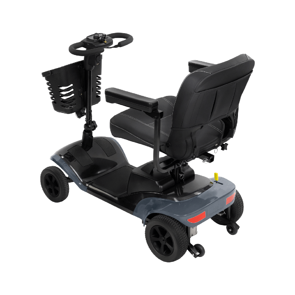 Gray mobility scooter with a basket on a transparent background