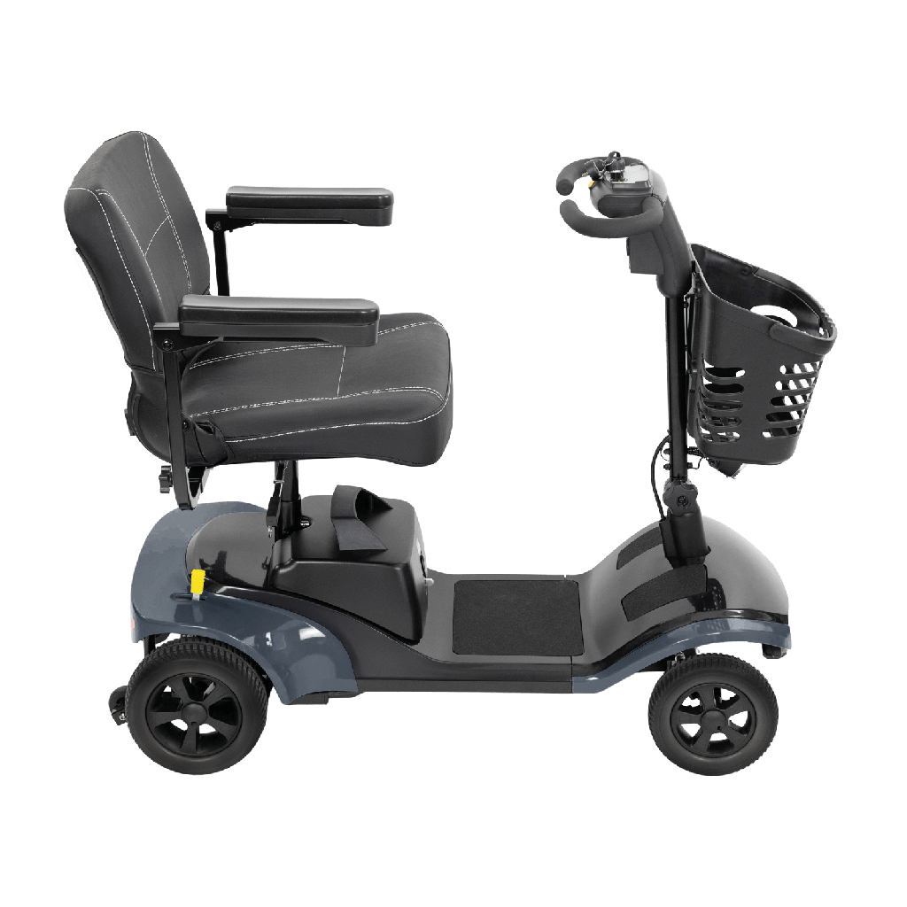 Gray mobility scooter with a basket on a transparent background
