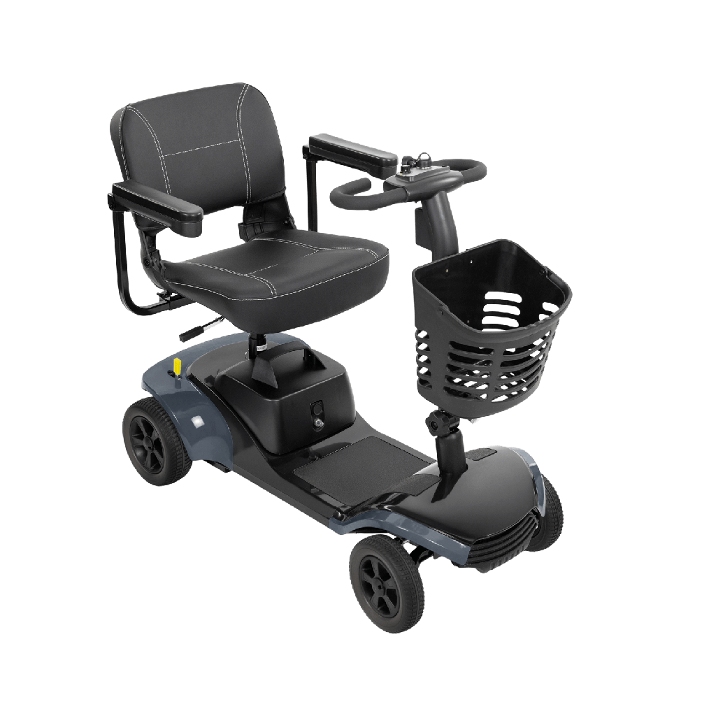 Black mobility scooter with a basket on a transparent background
