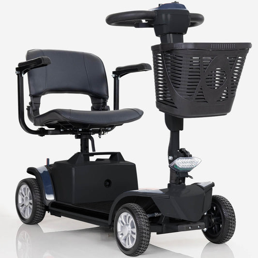Black mobility scooter with basket on a white background