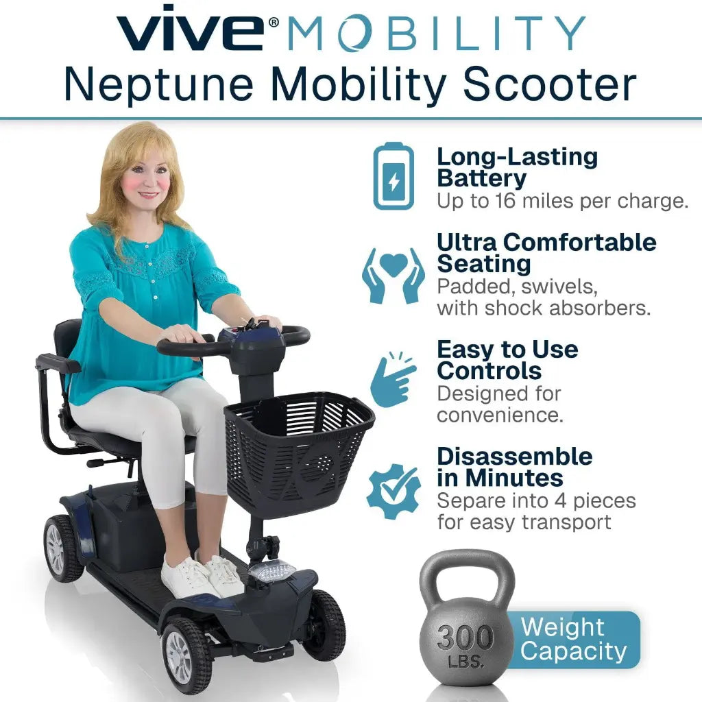 Vive Mobility Neptune Mobility Scooter with features listed on a white background