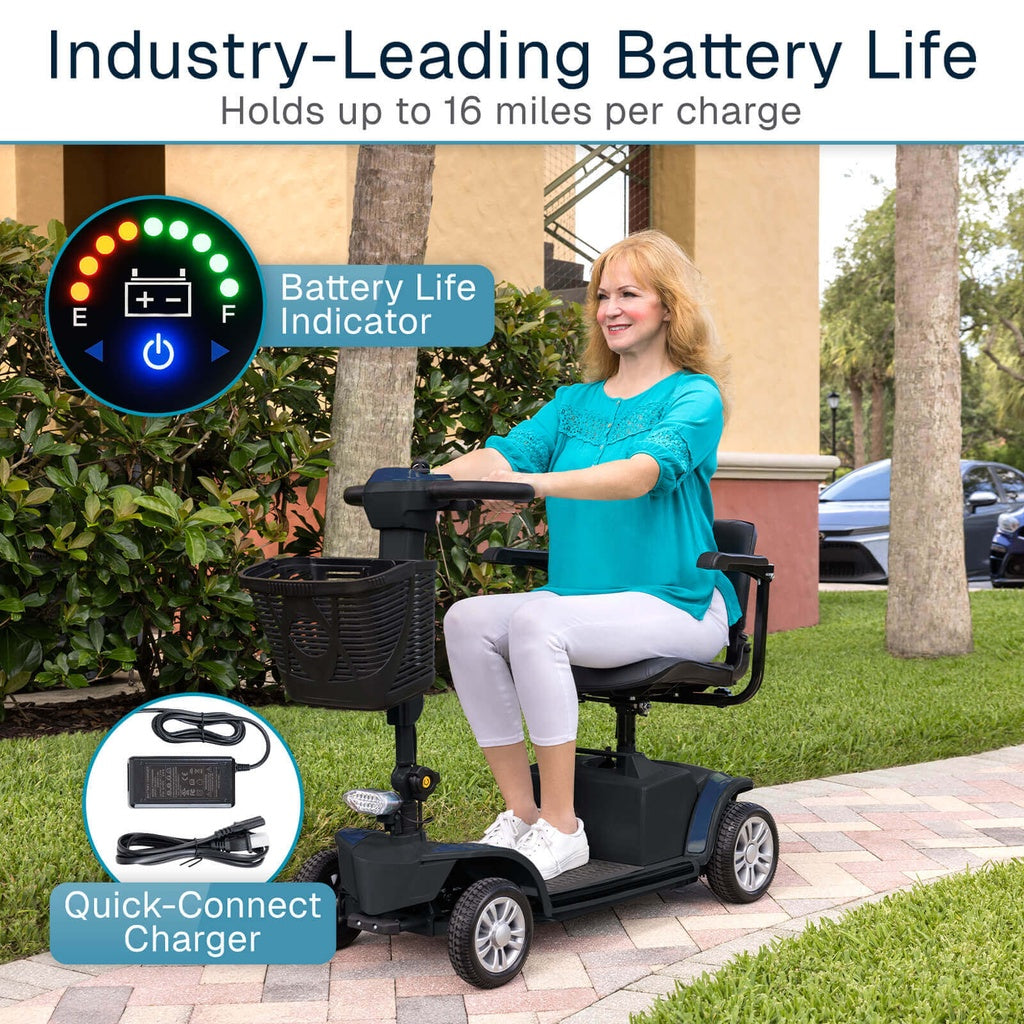 Woman using a mobility scooter with battery life indicator and quick-connect charger features.