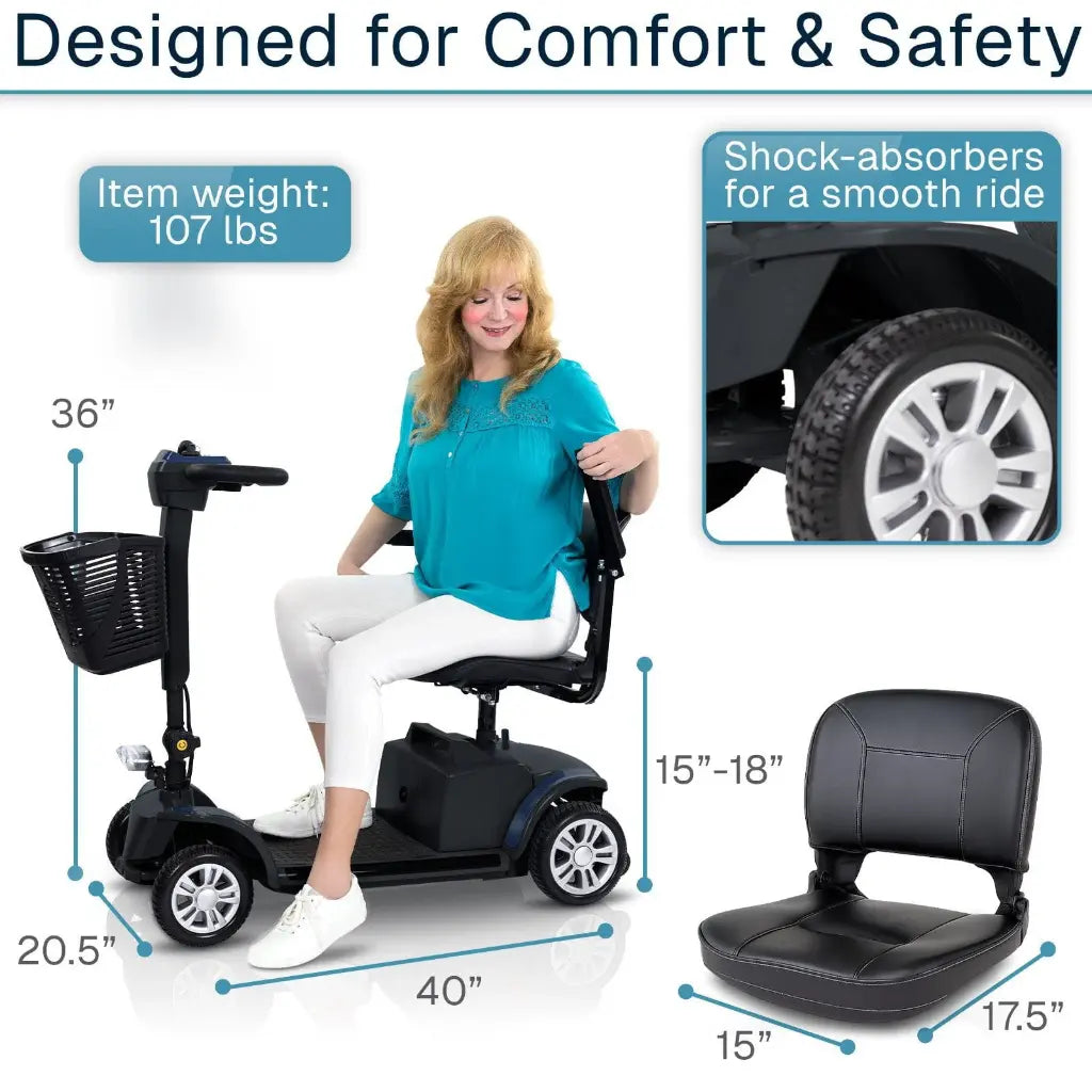 Mobility scooter with features highlighted, including weight capacity, shock absorbers, dimensions, and seat comfort.