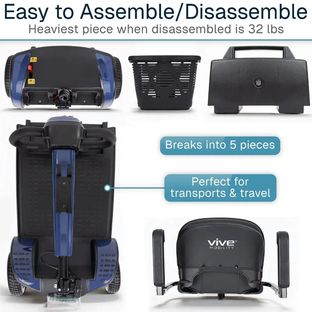 Vive Mobility device with text indicating ease of assembly, weight, and portability features.