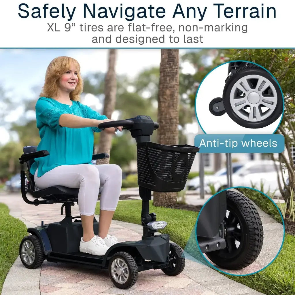 Person using a mobility scooter with text highlighting features like flat-free tires and anti-tip wheels.