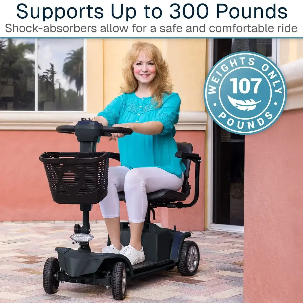 Woman using a mobility scooter with text highlighting weight capacity and comfort features.