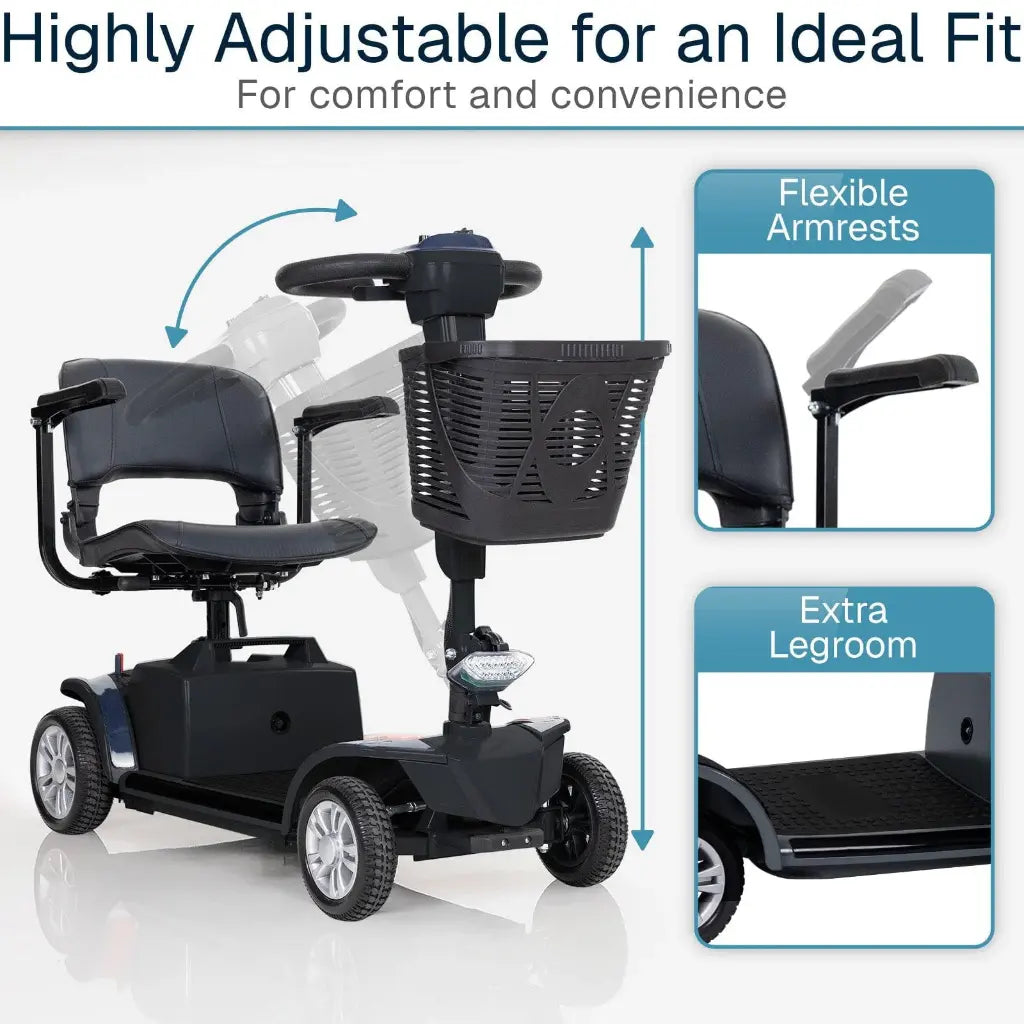 Scooter with adjustable armrests and legroom, highlighting comfort and convenience features.