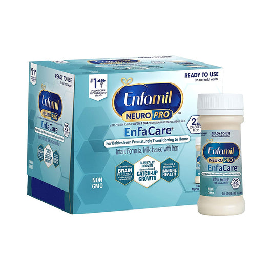Enfamil EnfaCare infant formula packaging with box and bottle on a white background