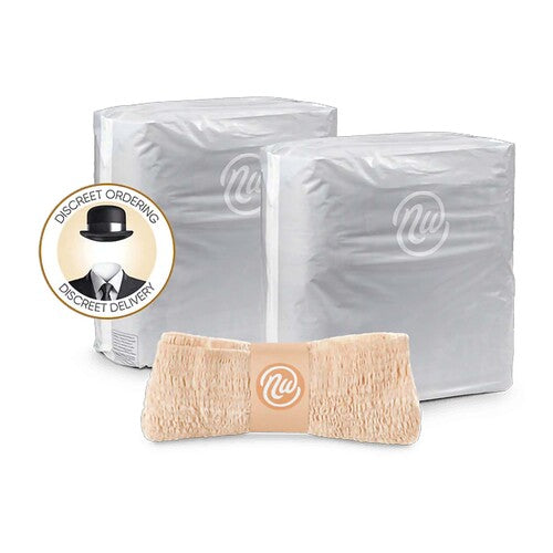 Two packages of a product with a beige bow tie in front on a white background