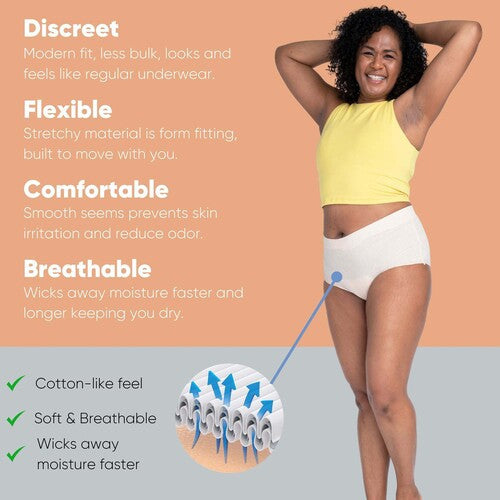 Woman wearing underwear with product features highlighted on a peach and gray background