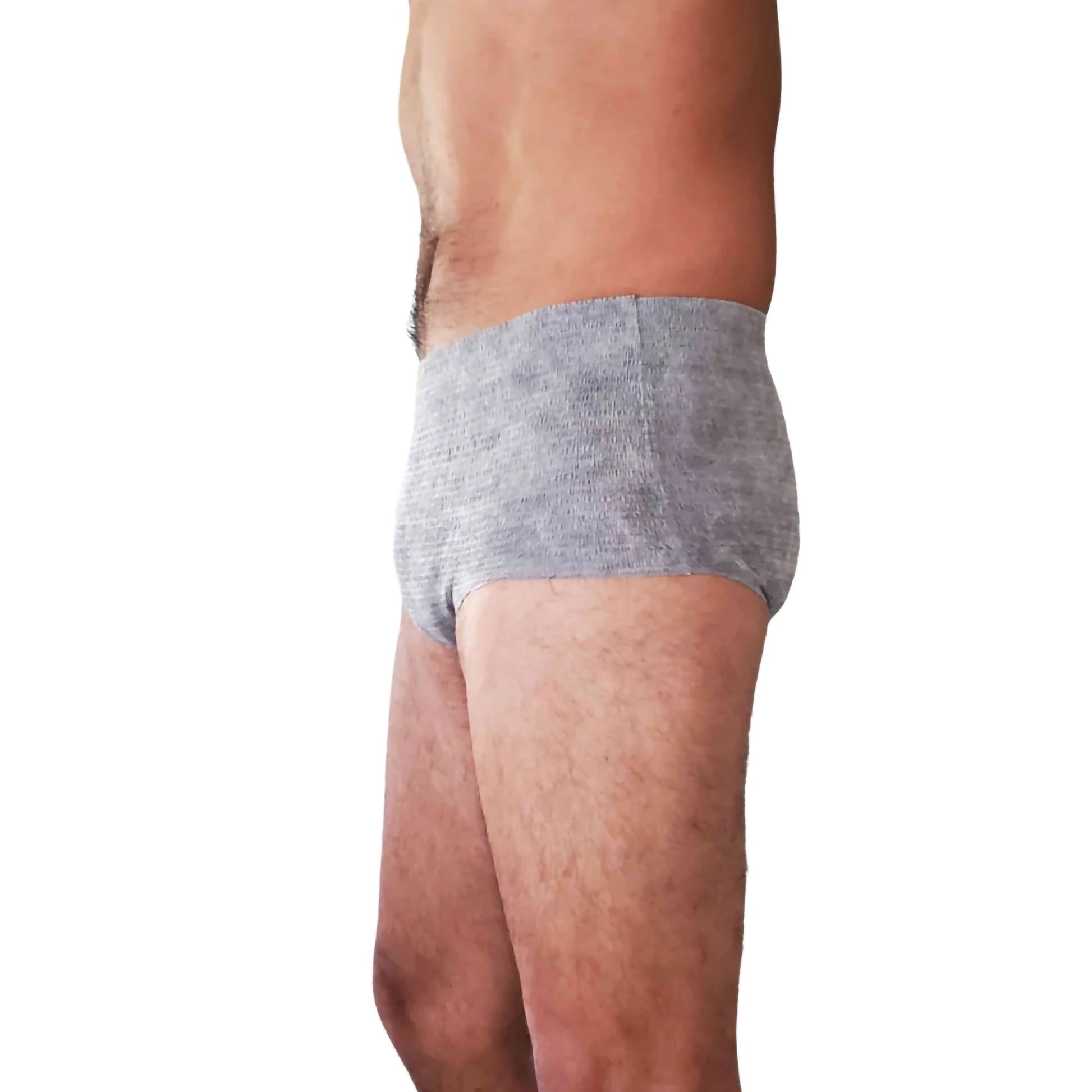 Gray boxer briefs worn by a person on a white background