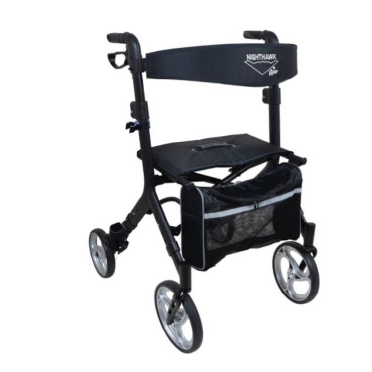Black rollator with wheels on a white background