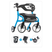 Blue and black rollator with accessories on a white background