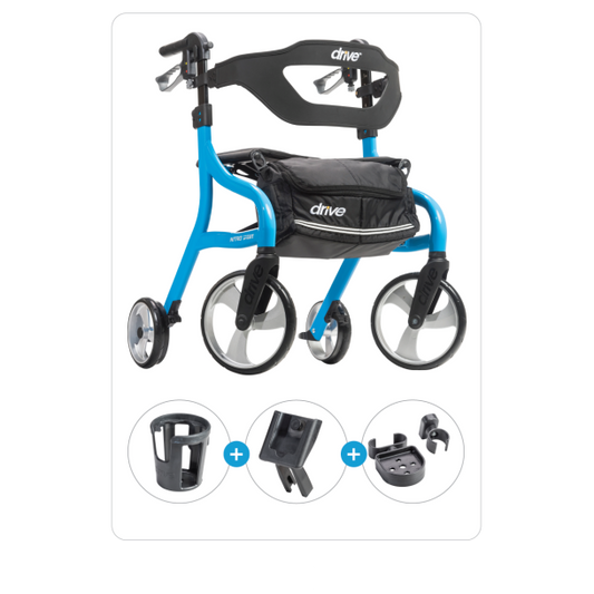 Blue and black rollator with accessories on a white background