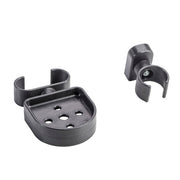 Black metal bracket with two attached arms on a white background