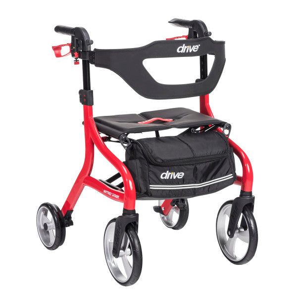 Red and black rollator with 'drive' branding on a white background