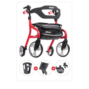 Red and black rollator with accessories on a white background