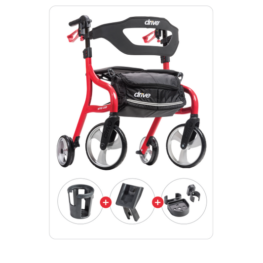 Red and black rollator with accessories on a white background