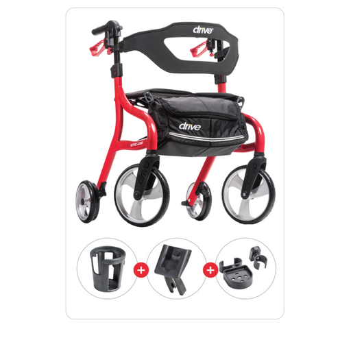 Red and black rollator with accessories on a white background