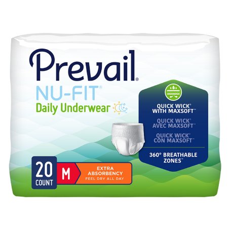 Package of Prevail NU-FIT Daily Underwear with branding and product features on a white background