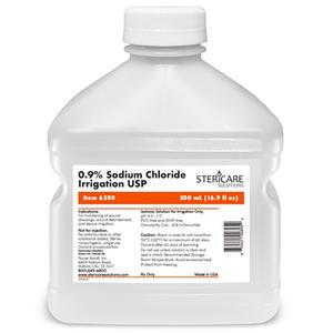 Sterile irrigation solution bottle with label on a white background