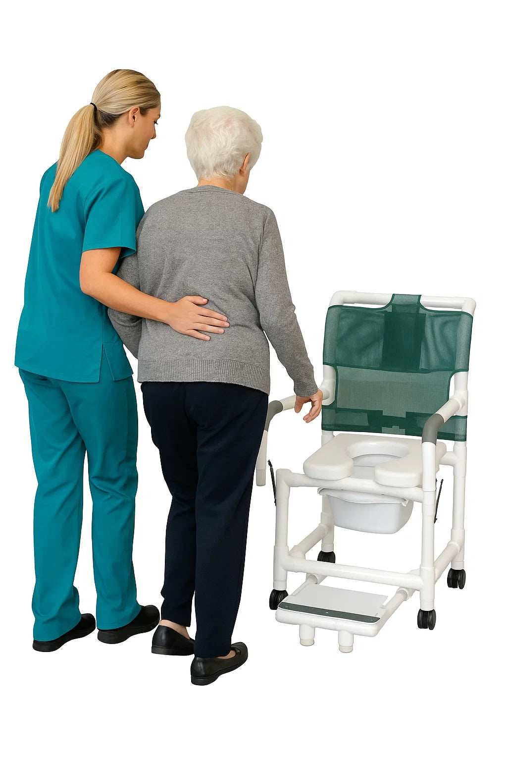 nurse assisting senior to the chair 
