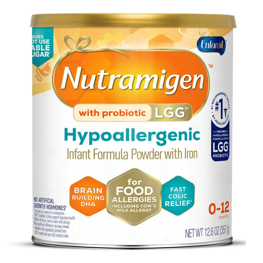 Nutramigen hypoallergenic infant formula powder can on a white background