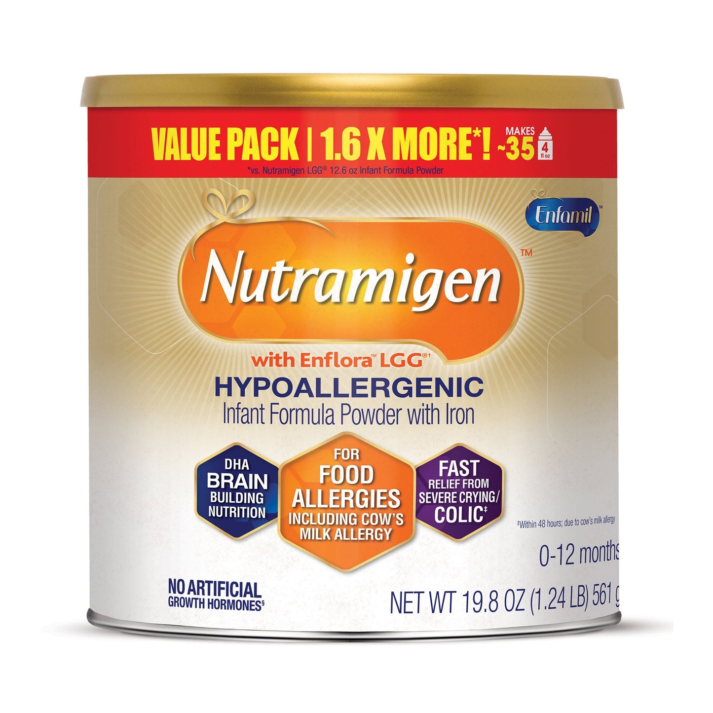 Nutramigen hypoallergenic infant formula powder can on a white background