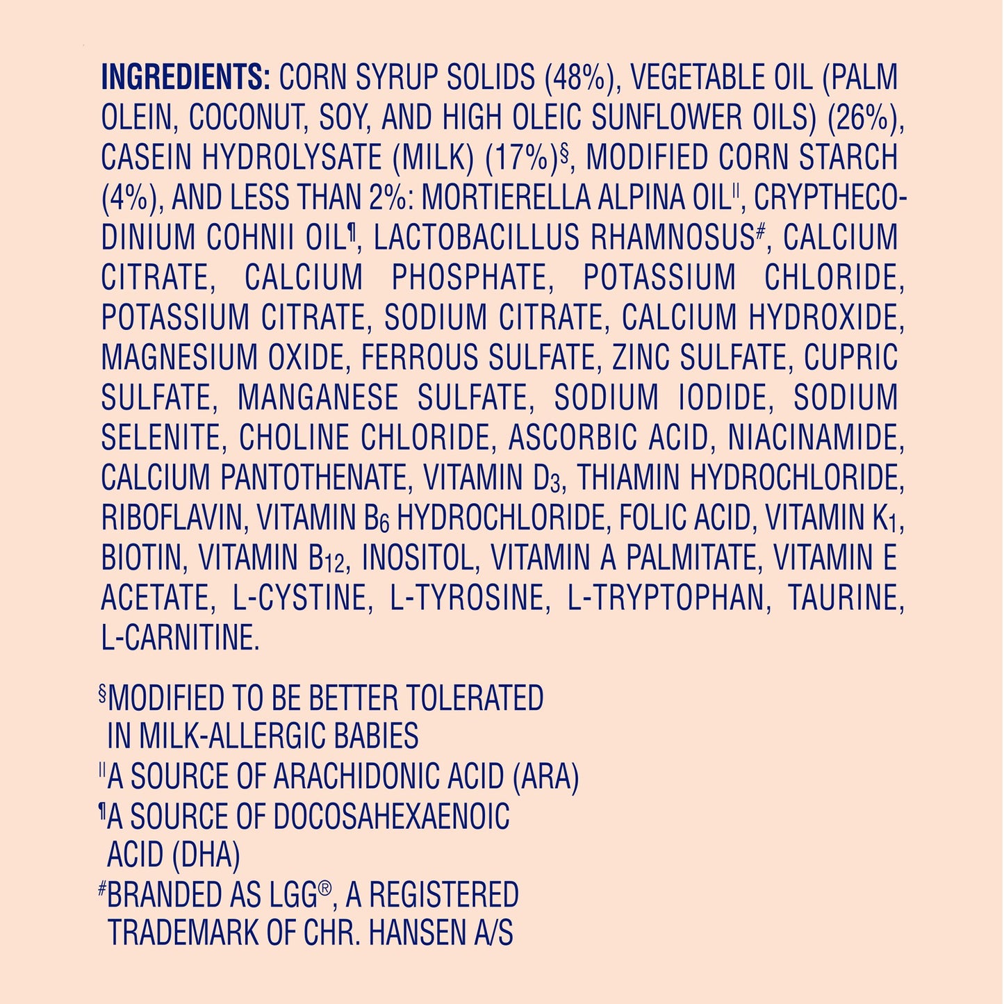 List of ingredients on a product label with a pink background
