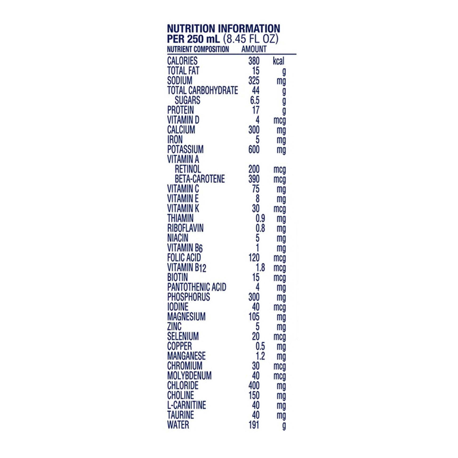 nutritional information for the formula